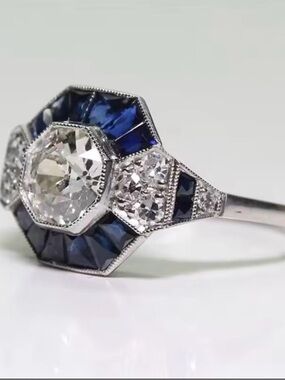NEW Vintage - Art Deco Inspired Sapphire and Diamond Halo Ring 8